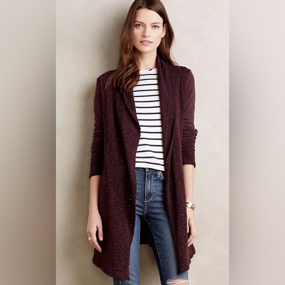Anthropologie Women's Open-Front Draped Cardigan Sweater with Pockets - Plum